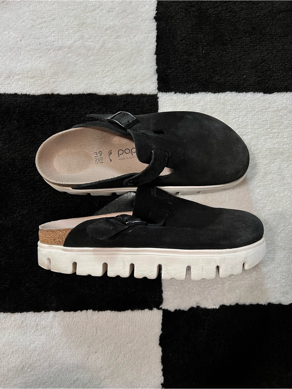 Papillio Black Suede Platform Clog Mule with White Sole